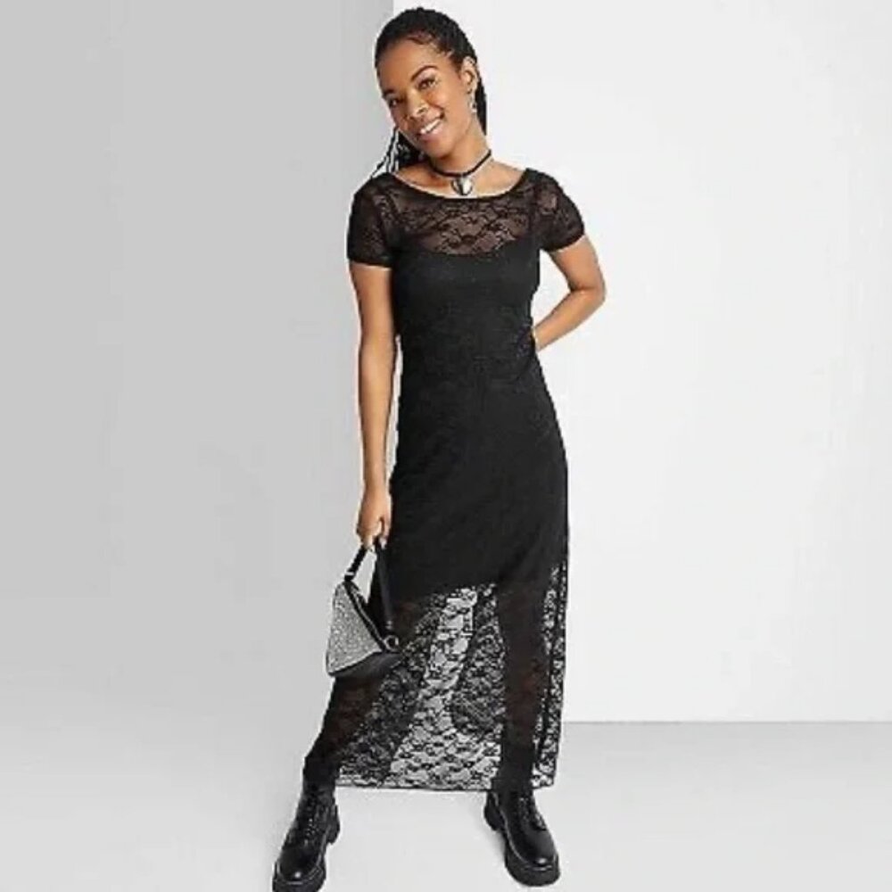 Black slip dress with lace overlay